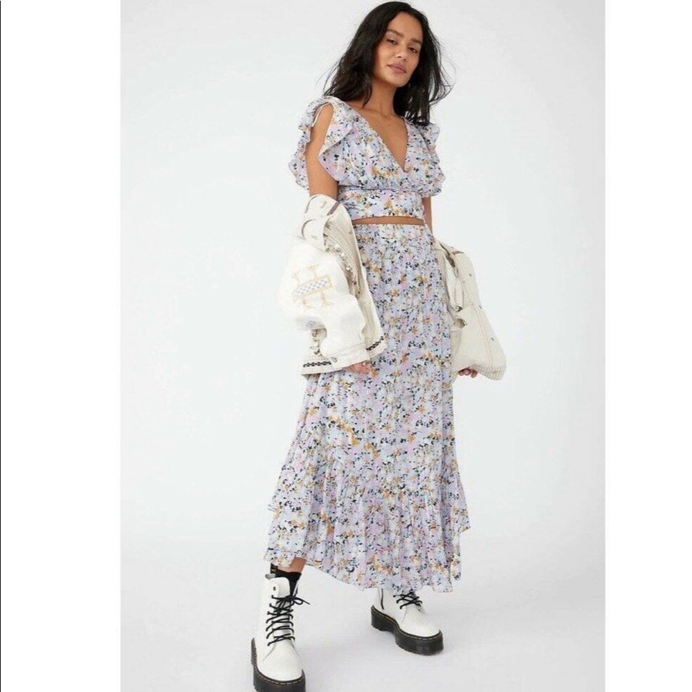 Free People Pretty Dayz 2 PC Floral Crop Top And Midi Skirt Set Sky Blue SZ M